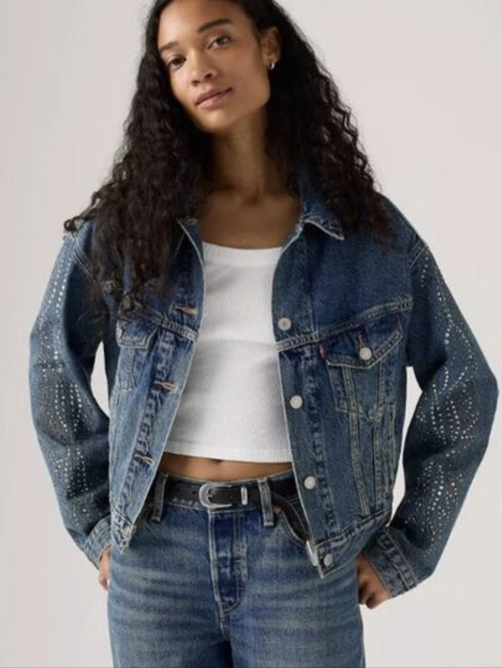 Levi's Womens 90's Blue Stud-sleeve Embellished Denim Truck Jacket XL  NWT